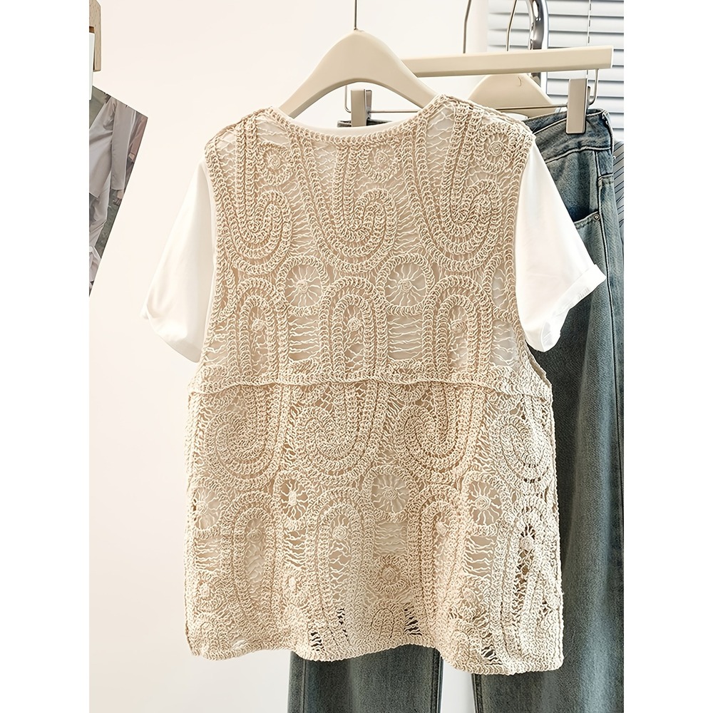 Unbranded Cream Crochet Knit Vest V-Neck Button Front Boho Open NEW Sz - Picture 2 of 3